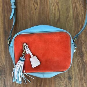 J .Crew light blue pink orange suede Crossbody bag with tassel leather